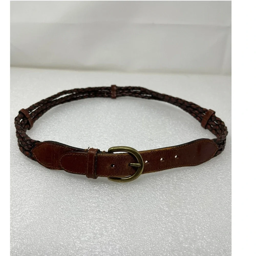 Talbots Womens M Brown Leather Braided Belt Solid Brass Buckle